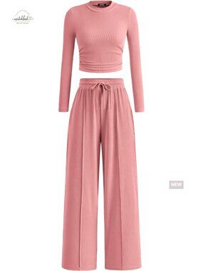 Long Sleeve Crop Top Wide Leg Pants Lounge Set Size Large